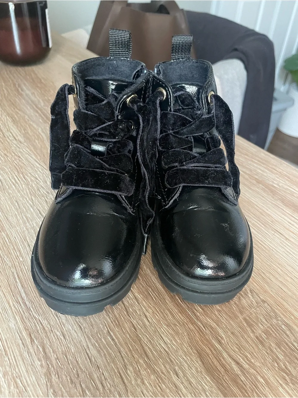 Black Patent Leather Lace-up Booties